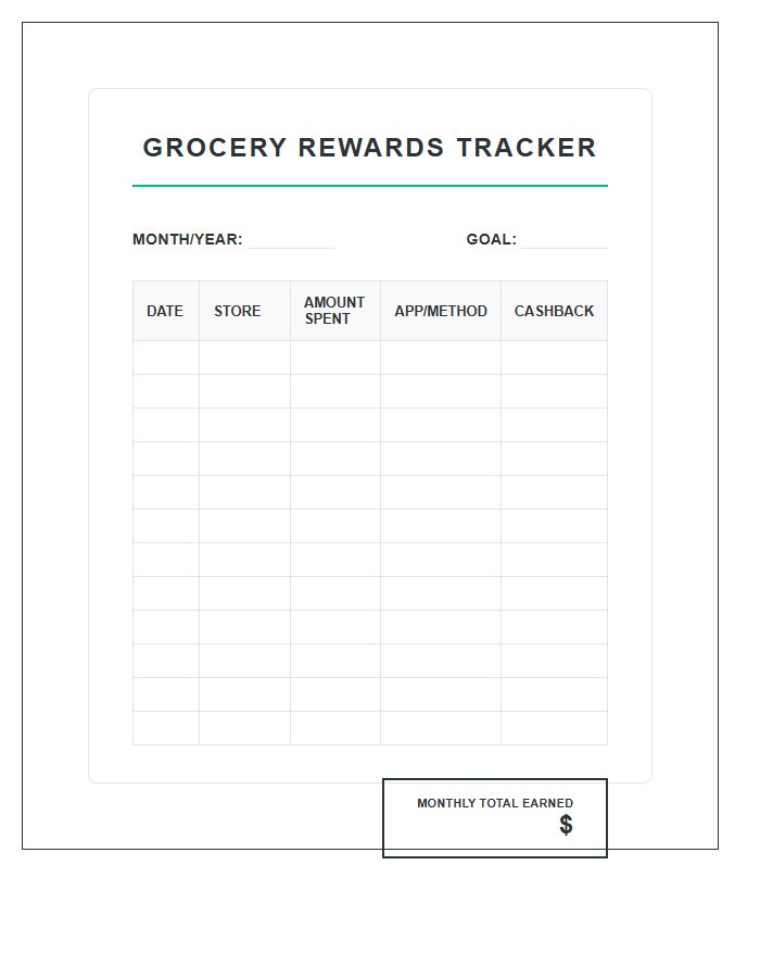 Cashback Grocery Shopping Rewards Printable Chart