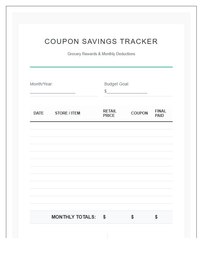 Coupon Savings Grocery Rewards Printable Chart