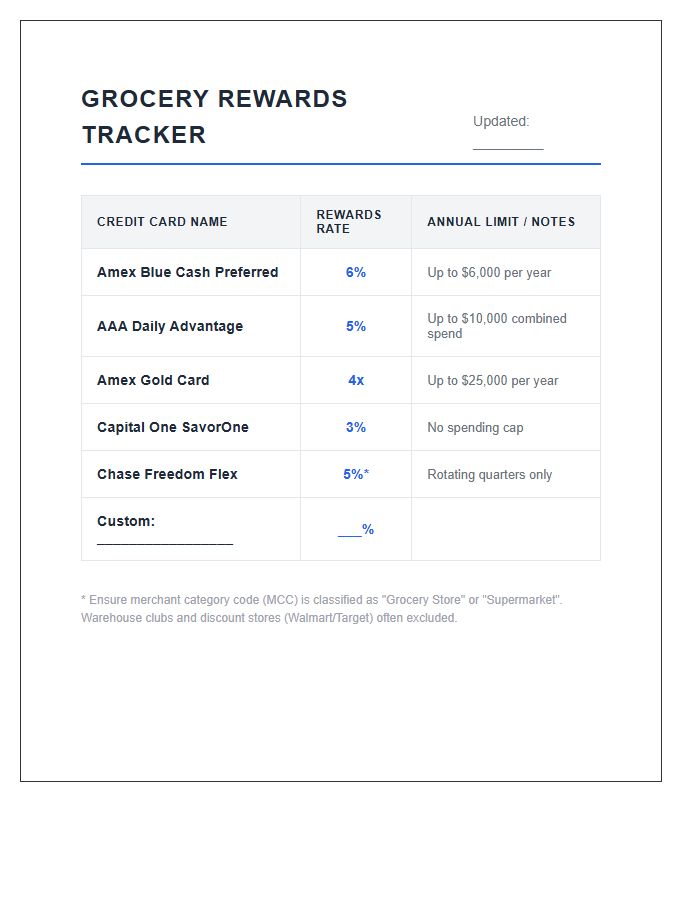 Credit Card Grocery Rewards Printable Chart