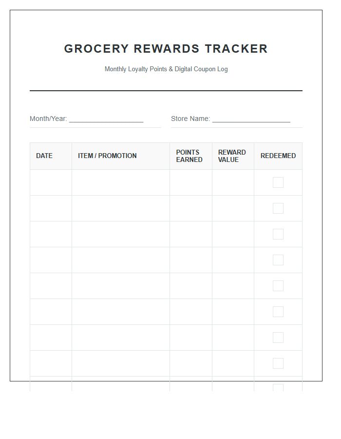 Digital Grocery Rewards Tracking Printable Chart