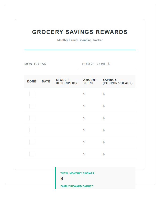 Family Grocery Savings Rewards Printable Chart