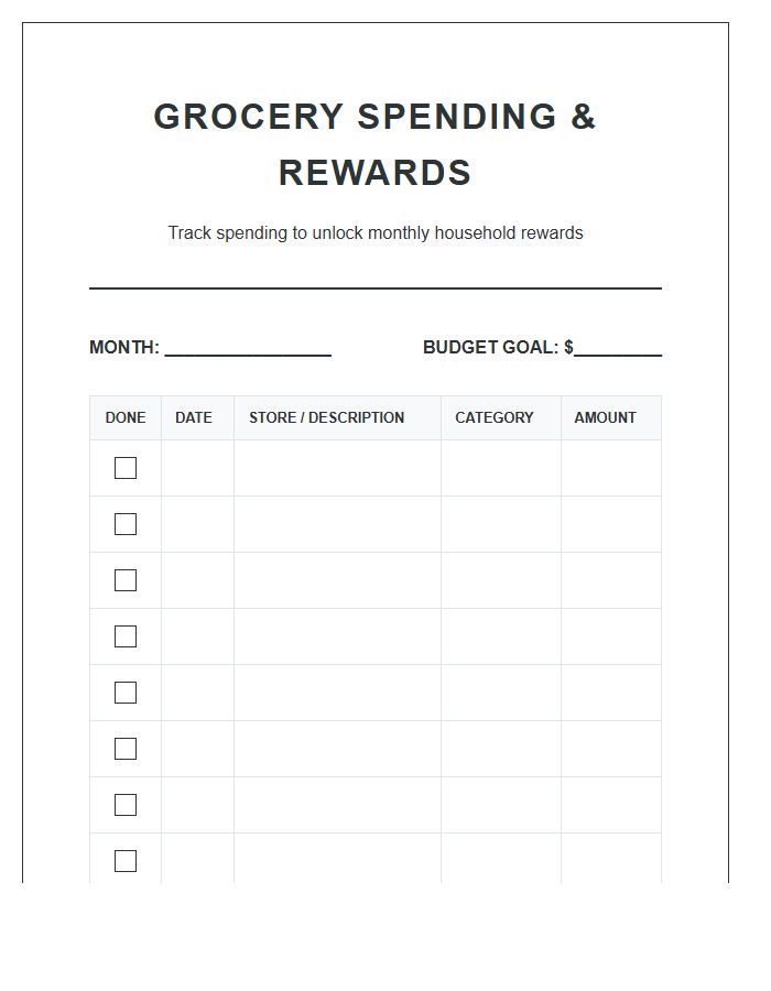Monthly Grocery Spending Rewards Printable Chart