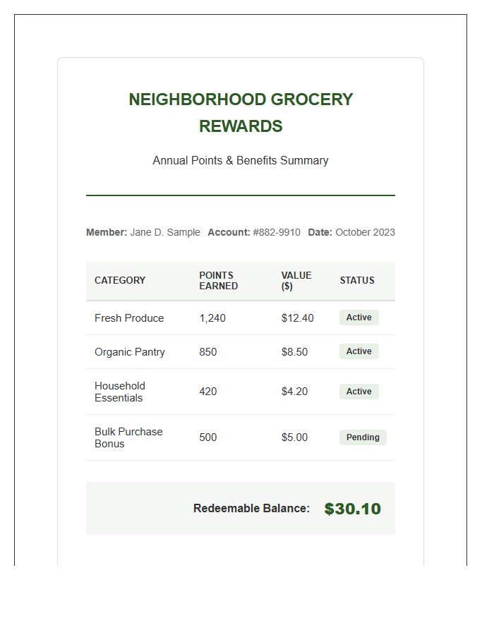 Neighborhood Grocery Rewards Printable Summary Chart