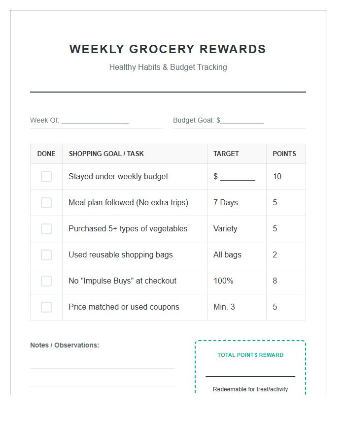 Weekly Grocery Shopping Rewards Printable Chart