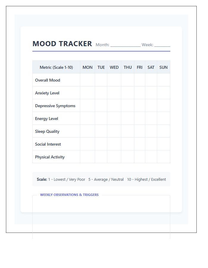 Anxiety And Depression Mood Tracker Printable Chart