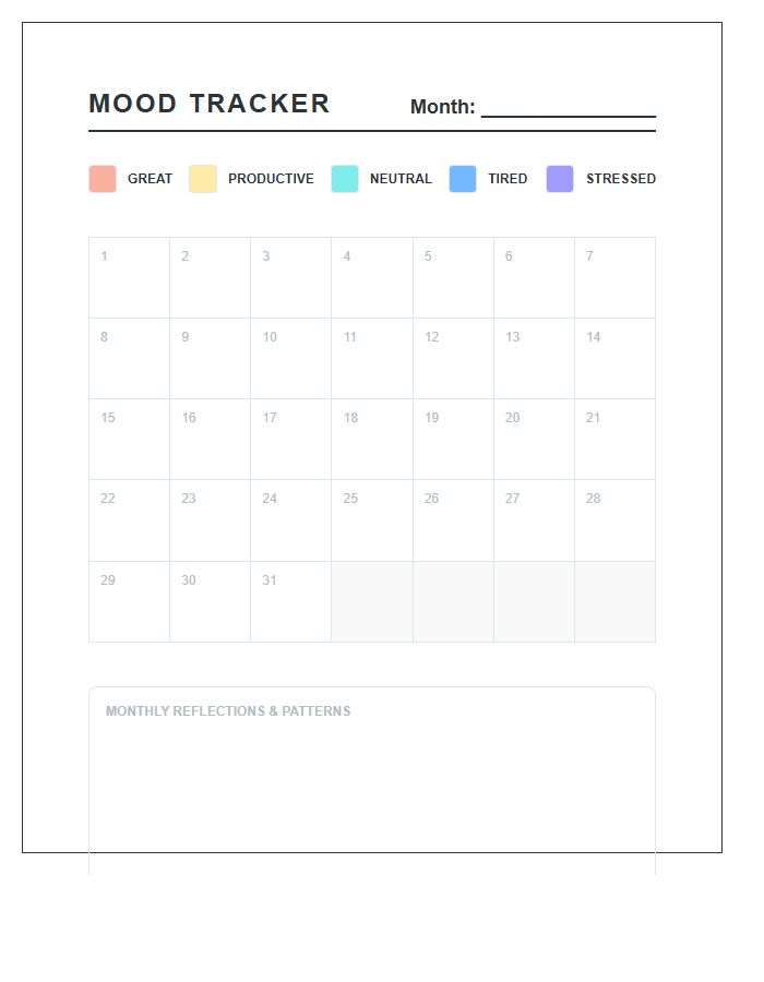 Color Coded Mood Tracker Printable Chart