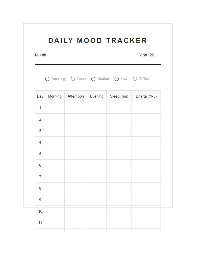 Daily Mood Tracker Printable Chart