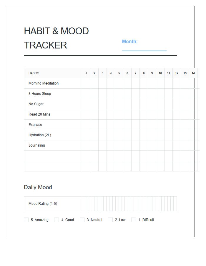 Habit And Mood Tracker Printable Chart