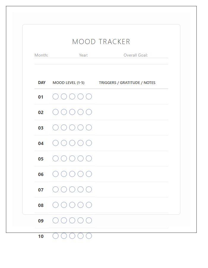 Mental Health Mood Tracker Printable Chart