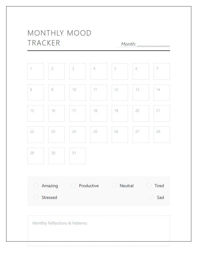 Monthly Mood Tracker Printable Chart