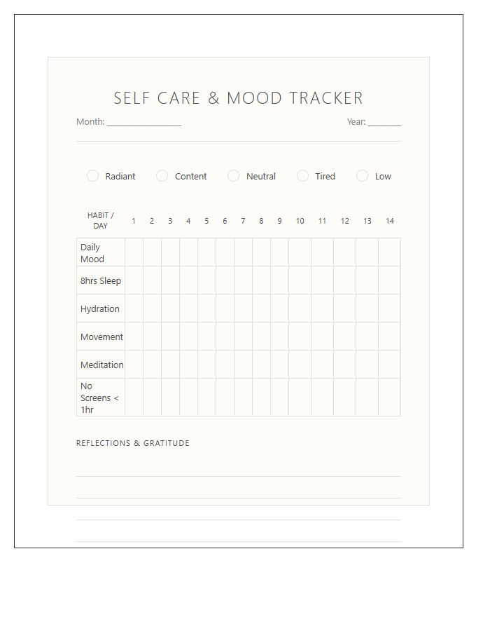 Self Care Mood Tracker Printable Chart