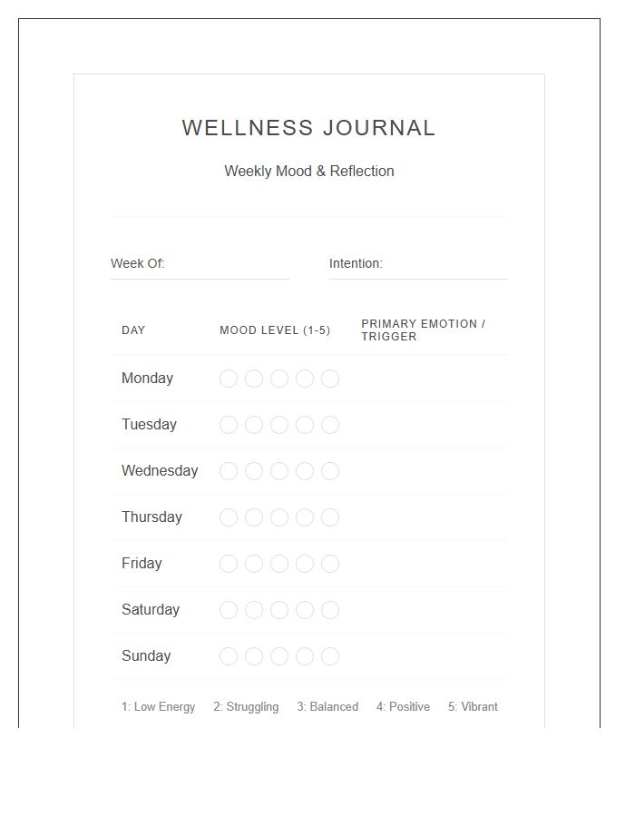 Wellness Journal Mood Tracker Printable Chart