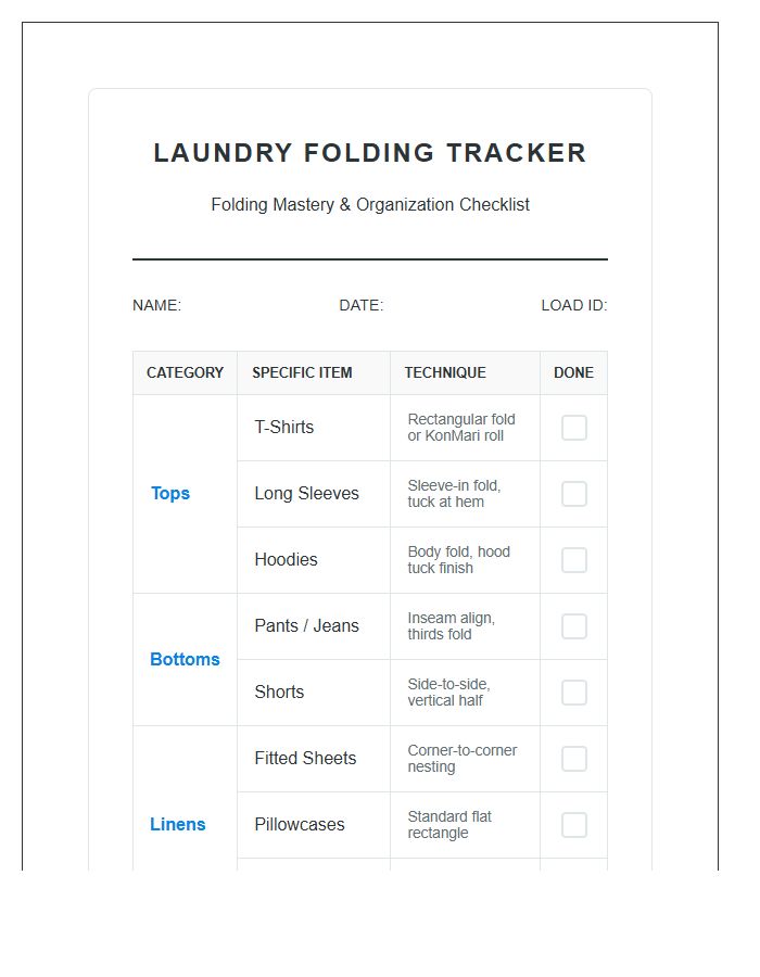 Comprehensive Laundry Folding Activity Printable Chart