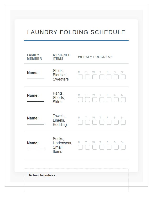 Family Laundry Folding Responsibility Printable Chart