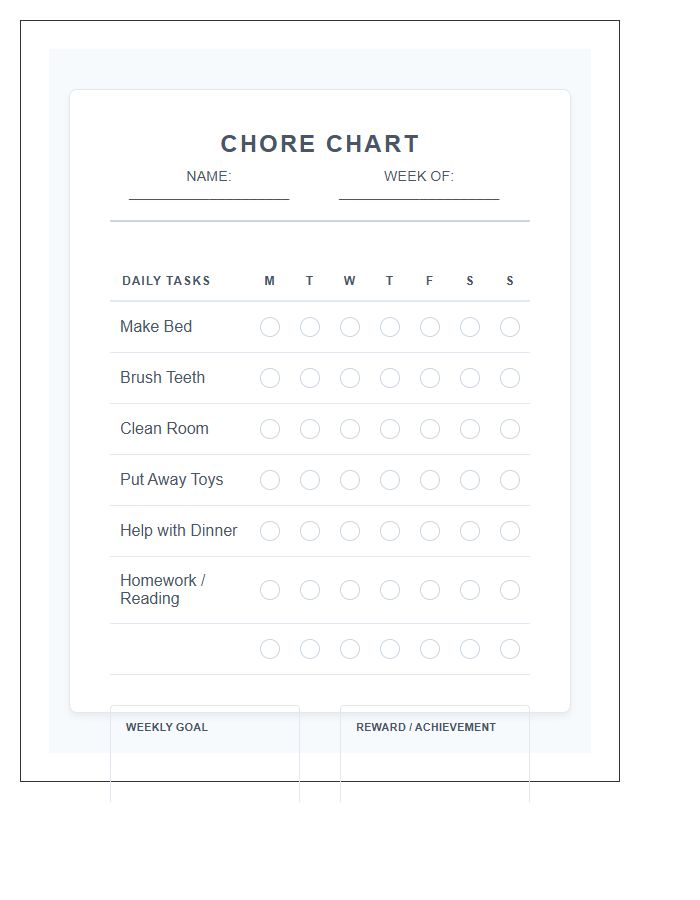 Household Chore Goal Printable Chart For Children