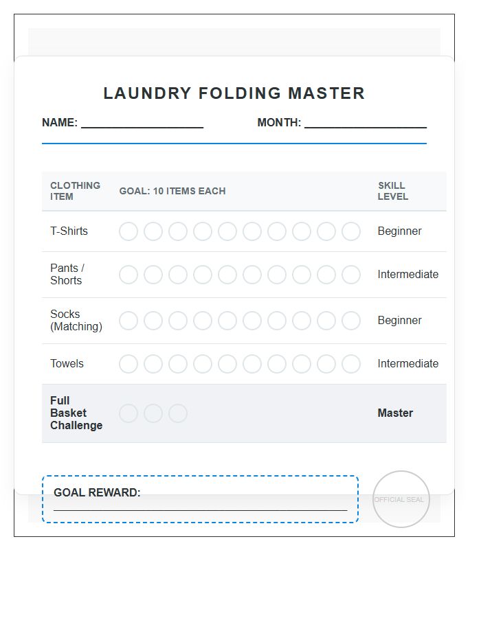 Youth Laundry Folding Achievement Printable Chart