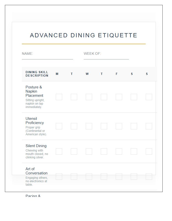 Advanced Dining Manners Rewards Printable Chart