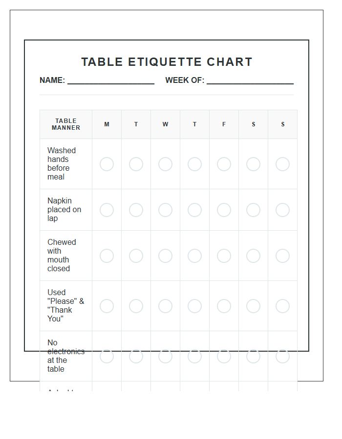 Basic Table Etiquette Rewards Printable Chart