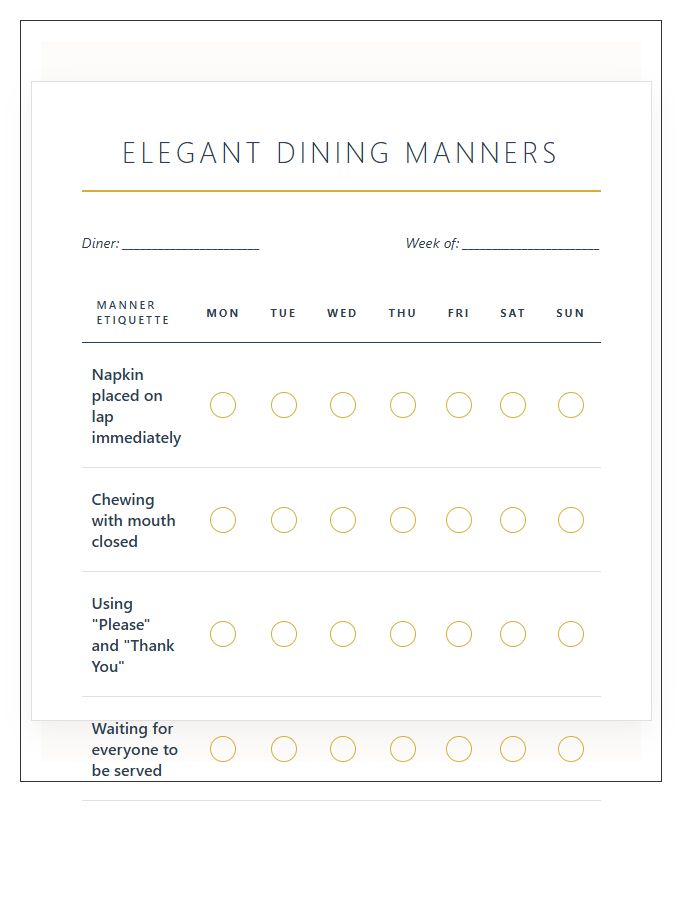 Elegant Dining Manners Rewards Printable Chart