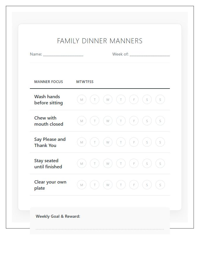 Family Dinner Manners Rewards Printable Chart