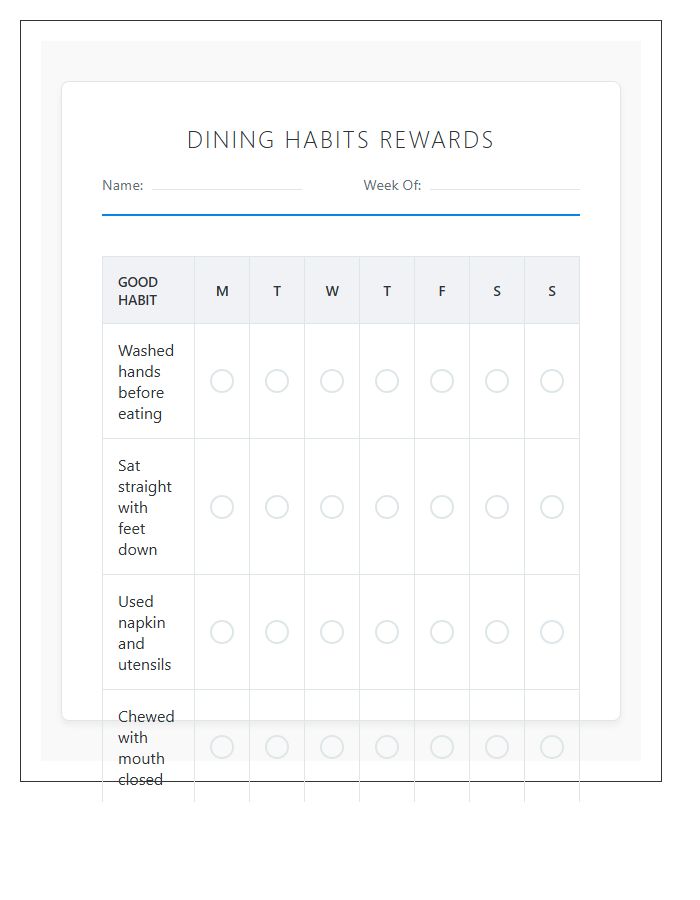 Good Dining Habits Rewards Printable Chart