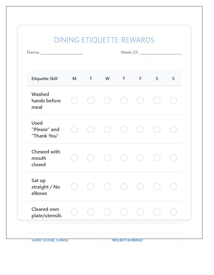 Kids Dining Etiquette Rewards Printable Chart