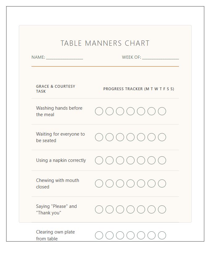 Montessori Table Manners Rewards Printable Chart