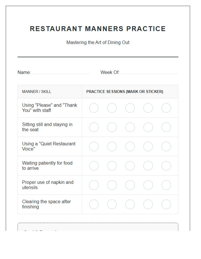 Restaurant Manners Practice Rewards Printable Chart