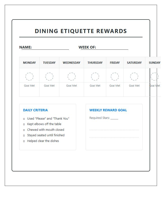 School Age Dining Rewards Printable Chart