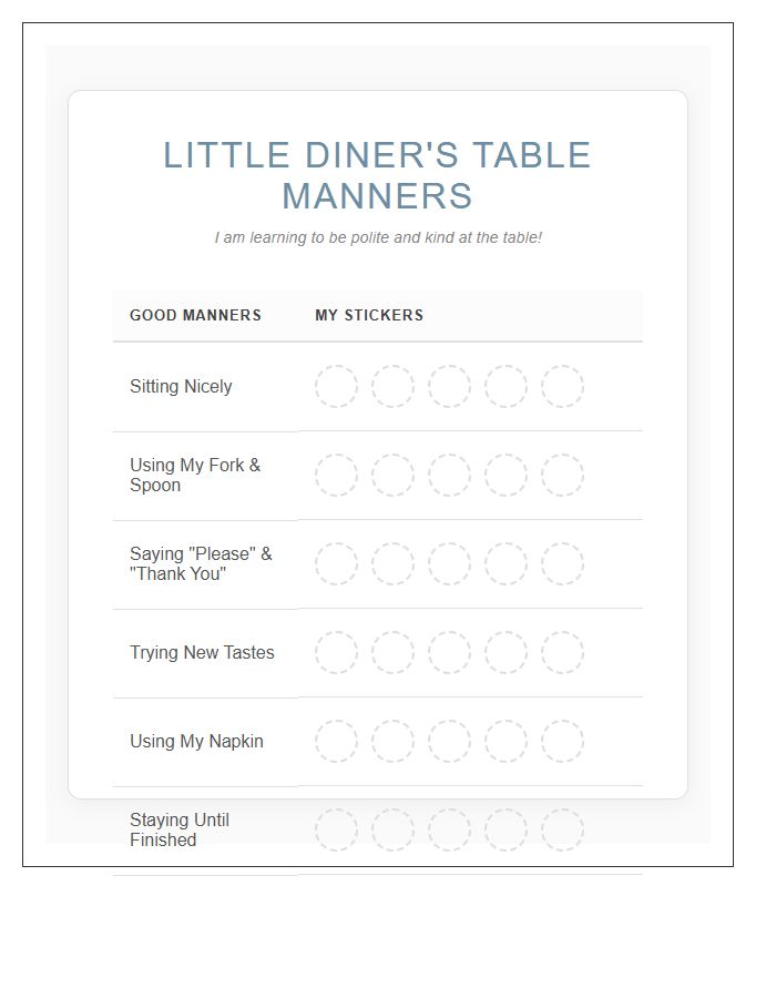 Table Manners Rewards Printable Chart For Toddlers