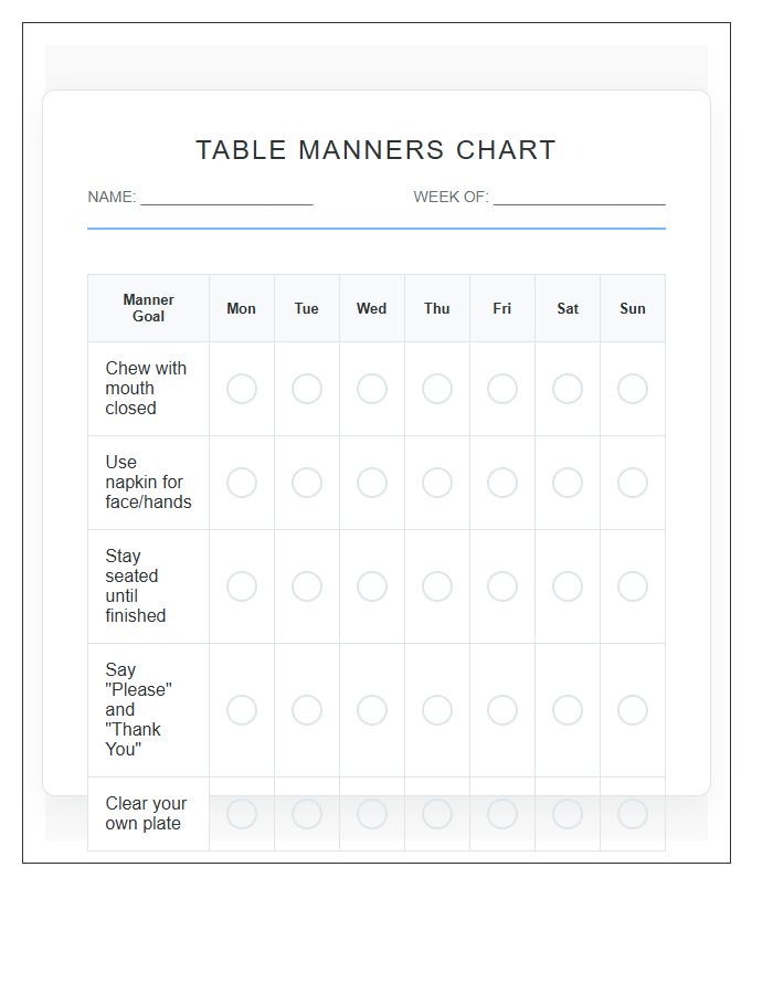 Visual Table Manners Rewards Printable Chart