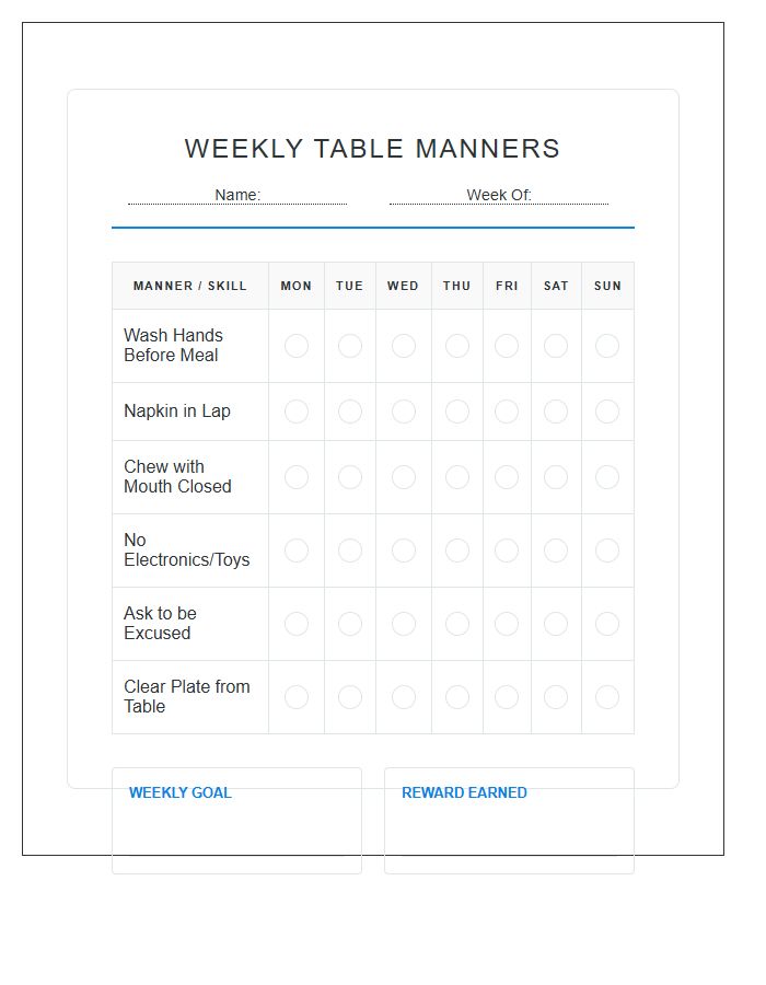 Weekly Table Manners Rewards Printable Chart