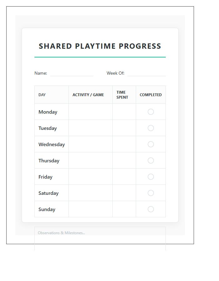 Daily Shared Playtime Progress Printable Chart