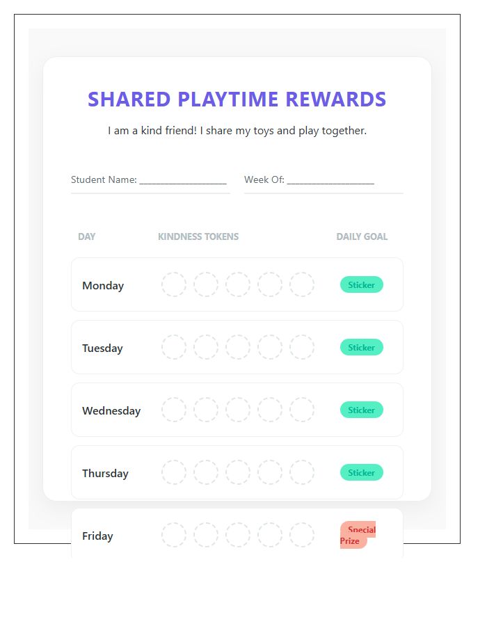 Kindergarten Shared Playtime Rewards Printable Chart