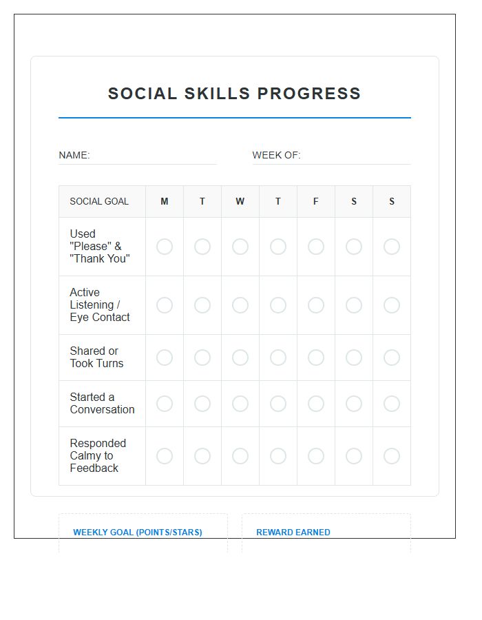 Social Skills Development Rewards Printable Chart