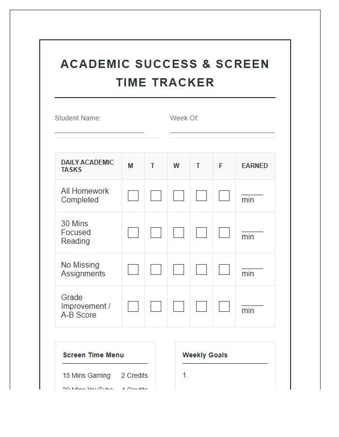 Academic Performance Screen Time Rewards Printable Chart