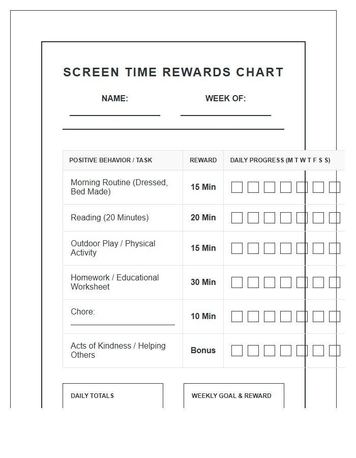 Behavior Modification Screen Time Rewards Printable Chart