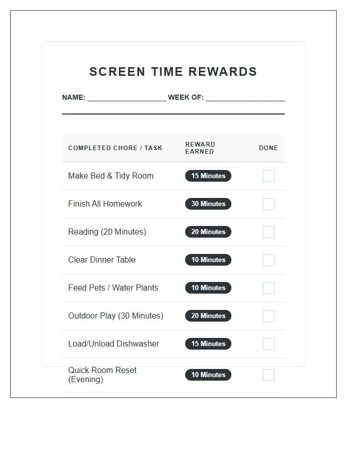 Chore Based Screen Time Rewards Printable Chart