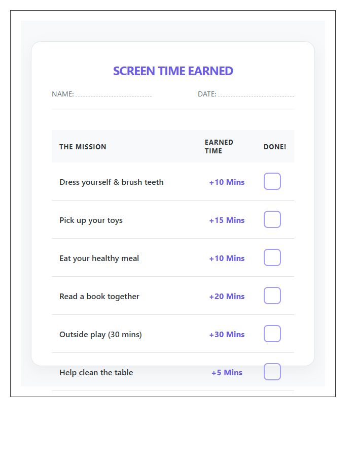 Daily Screen Time Rewards Printable Chart For Toddlers