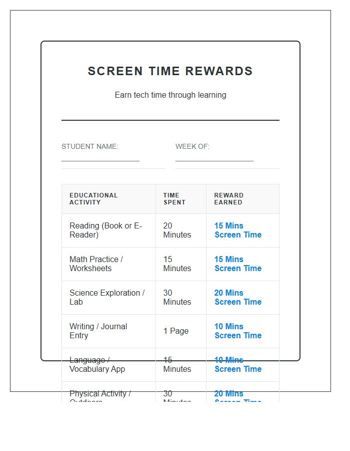 Educational Screen Time Rewards Printable Chart For Students