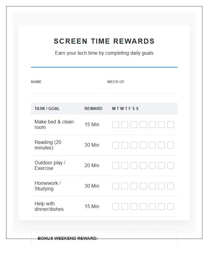 Goal Setting Screen Time Rewards Printable Chart