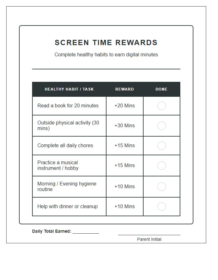 Healthy Habits Screen Time Rewards Printable Chart