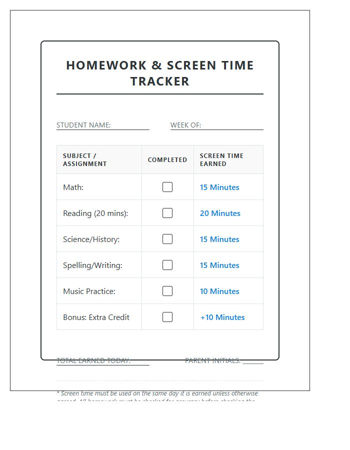Homework Completion Screen Time Rewards Printable Chart