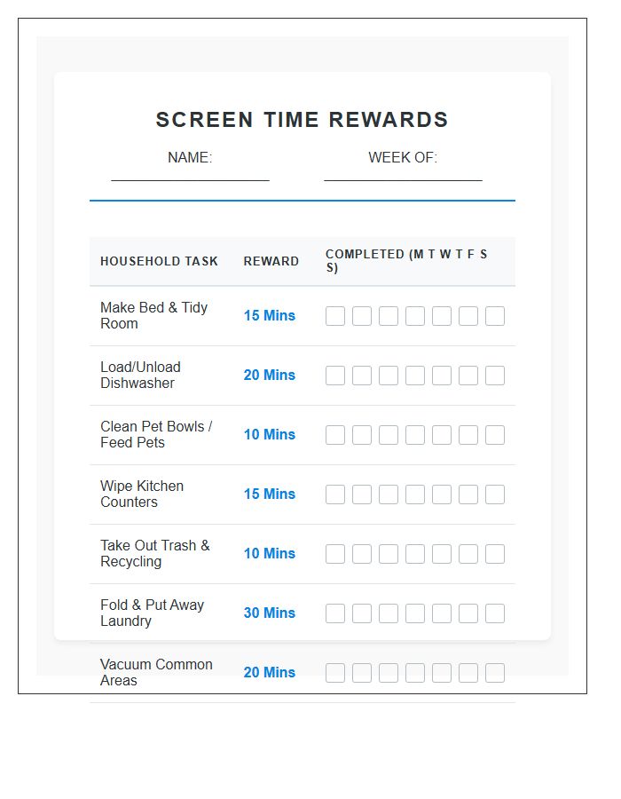 Household Task Screen Time Rewards Printable Chart