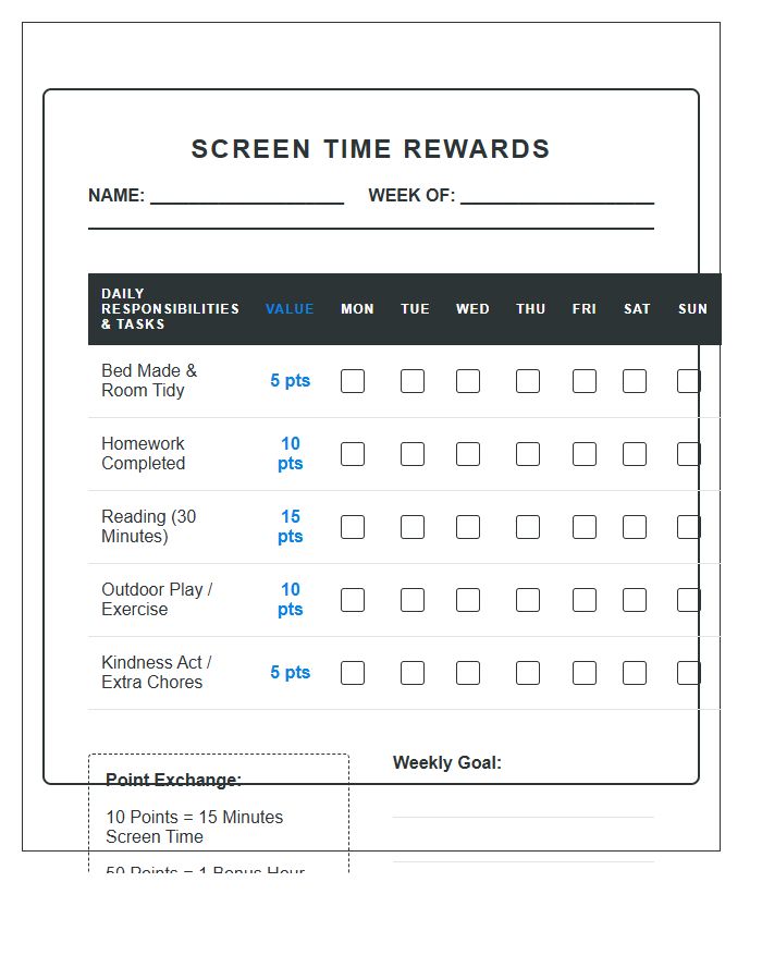 Incentive Based Screen Time Rewards Printable Chart