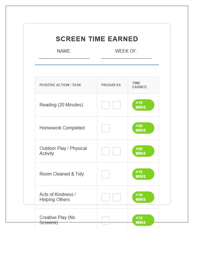 Positive Reinforcement Screen Time Rewards Printable Chart