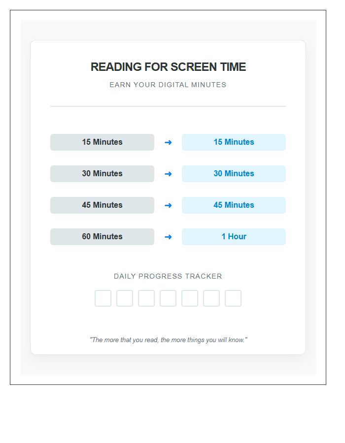 Reading For Screen Time Rewards Printable Chart