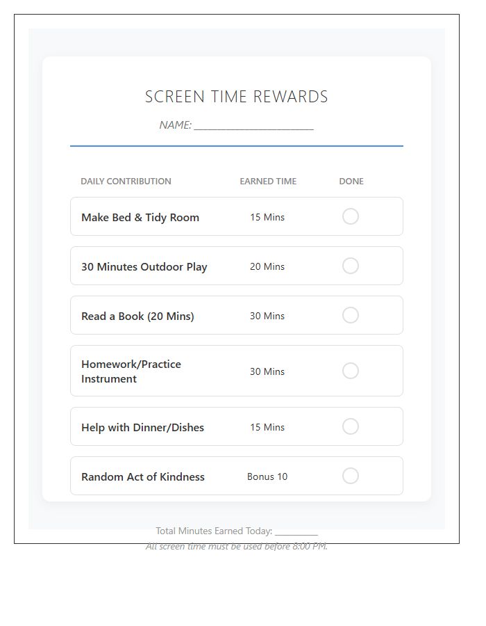 Screen Time Rewards Printable Chart For Kids