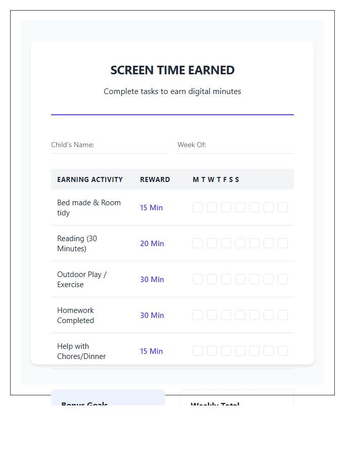 Screen Time Rewards Printable Chart System For Parents