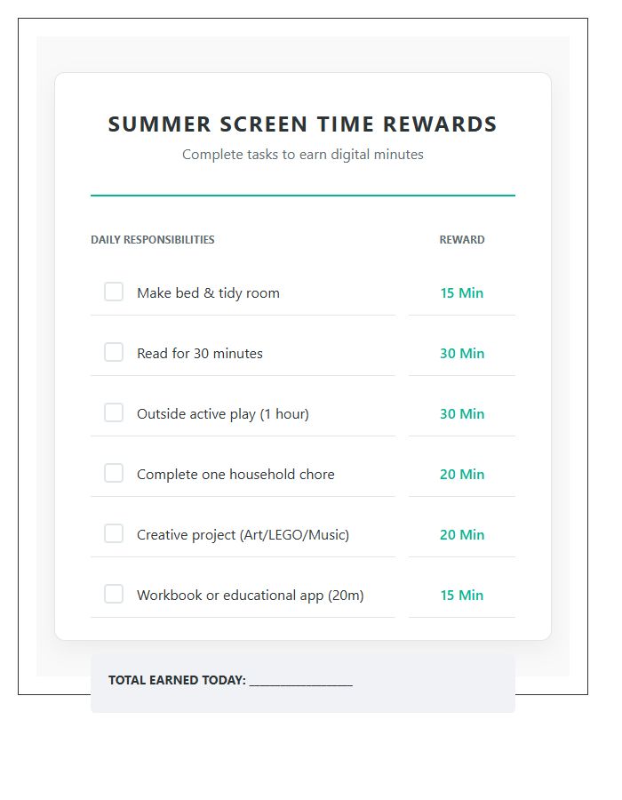 Summer Screen Time Rewards Printable Chart For Families